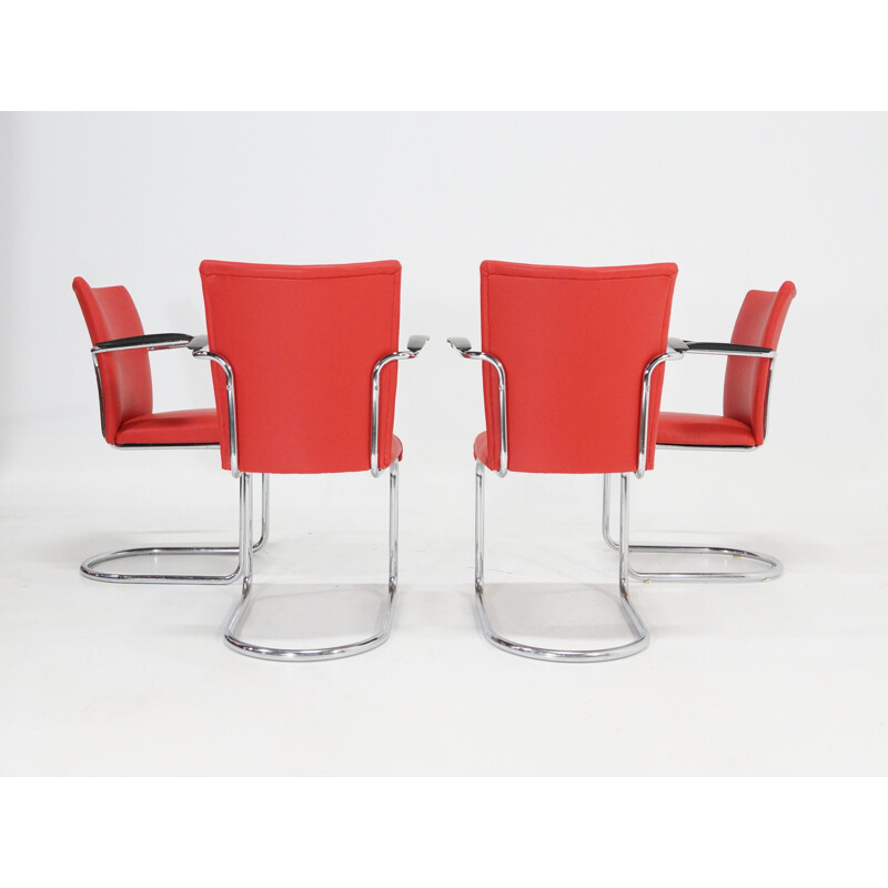 Set of 4 De Wit chairs with red leatherette - 1950s