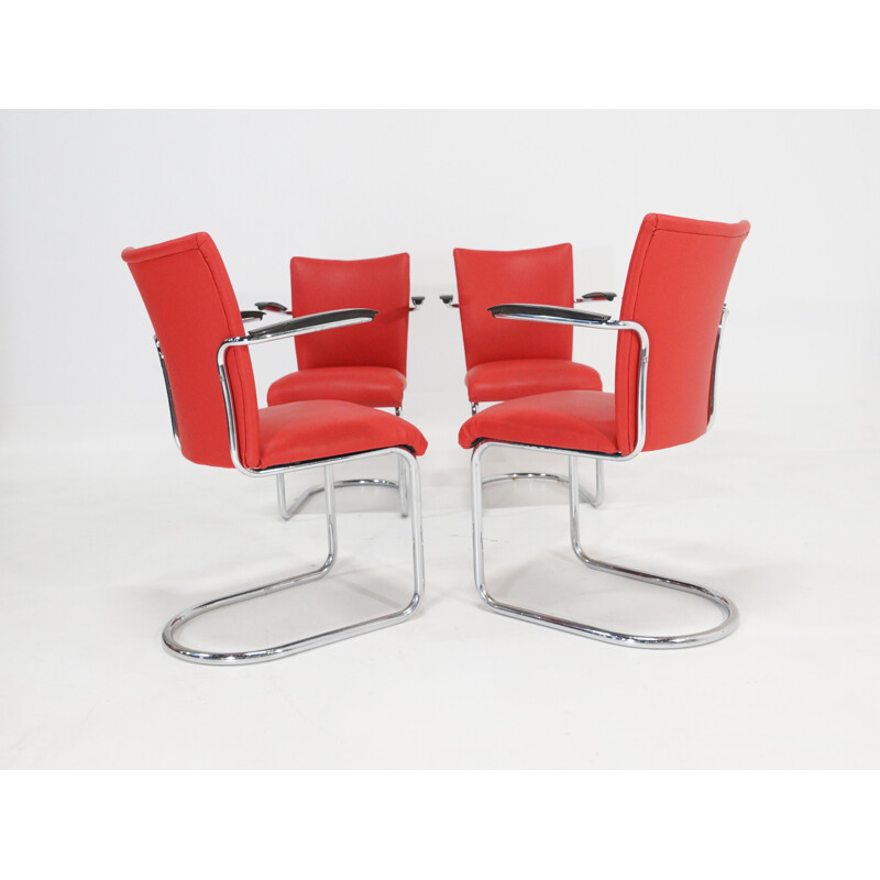 Set of 4 De Wit chairs with red leatherette - 1950s