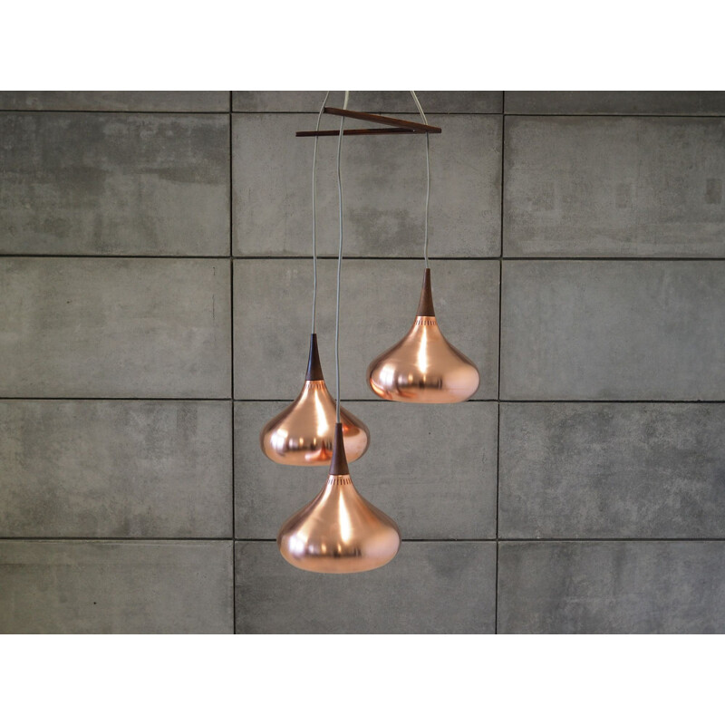 Vintage copper and wood chandelier Scandinavian 1960	