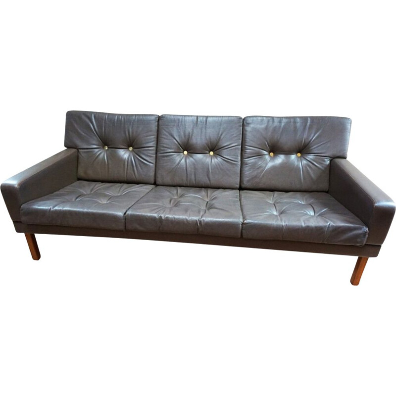 Vintage 3-Seater Leather Sofa with Gold Buttons, Scandinavian 1970 