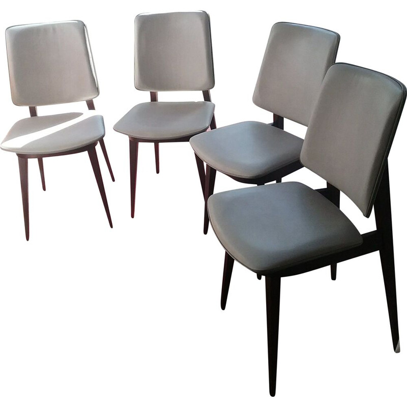 4 vintage stoelen in lichtgrijs Skaï