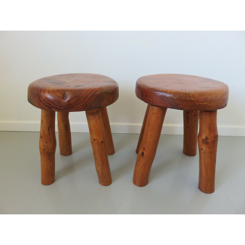 Pair of vintage brutalist stools in solid wood 1960