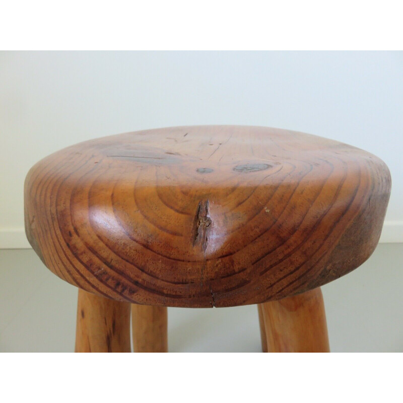 Pair of vintage brutalist stools in solid wood 1960