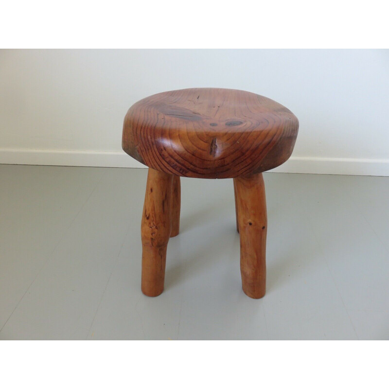 Pair of vintage brutalist stools in solid wood 1960