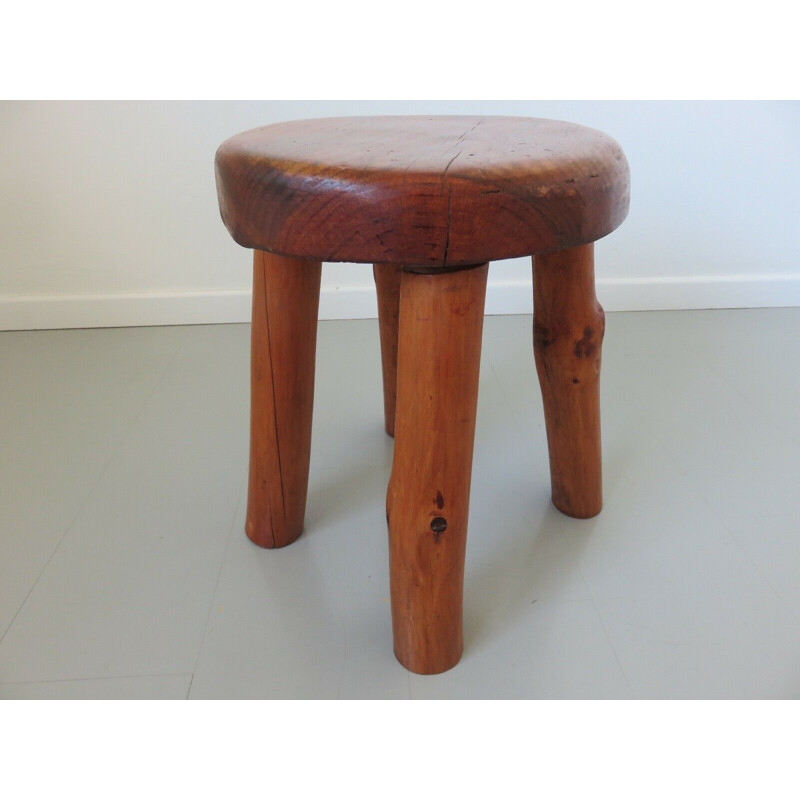 Pair of vintage brutalist stools in solid wood 1960