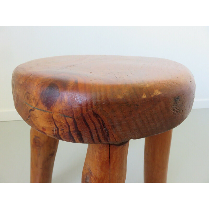 Pair of vintage brutalist stools in solid wood 1960