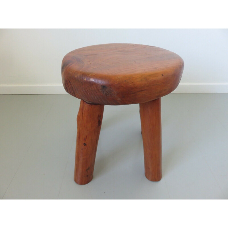 Pair of vintage brutalist stools in solid wood 1960