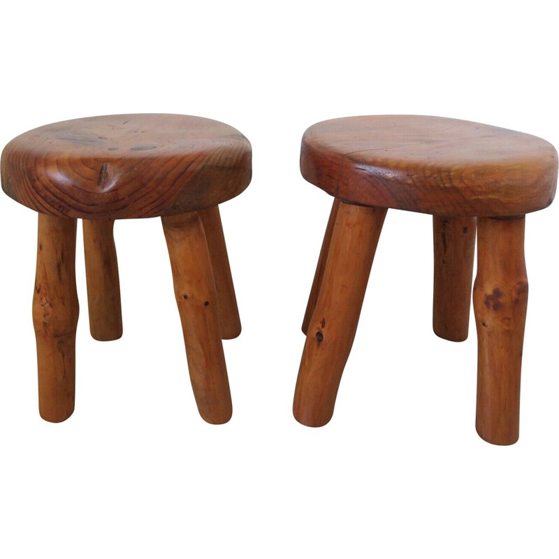 Pair of vintage brutalist stools in solid wood 1960