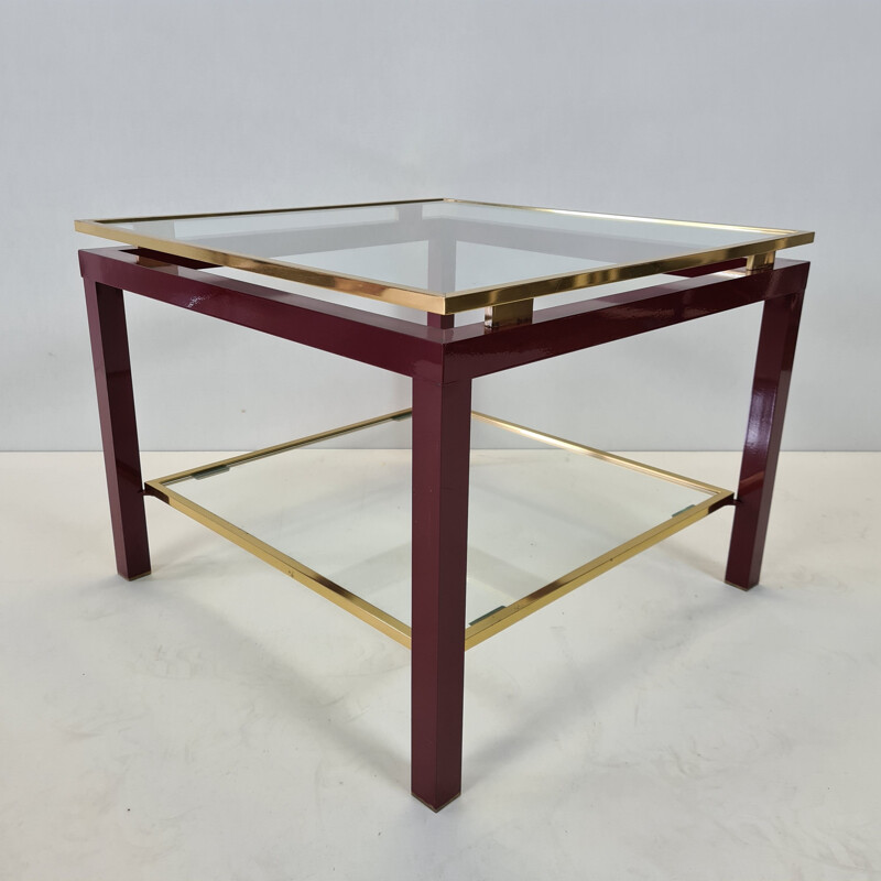 Table d'appoint vintage à 2 étages, rouge et or française 1970