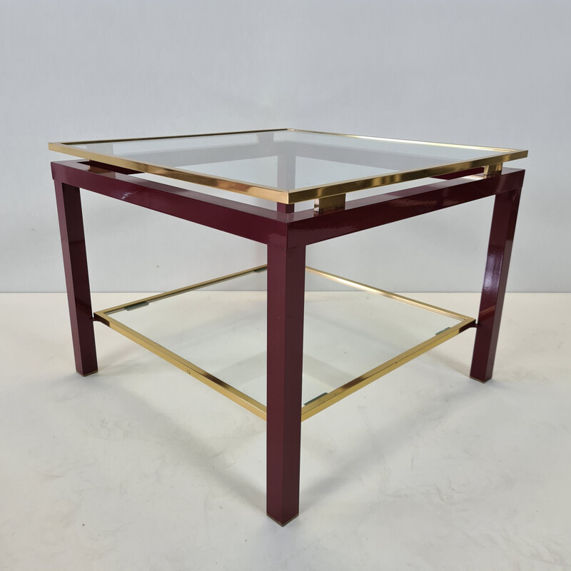 Vintage French red & gold colored 2-tiers side table, 1970