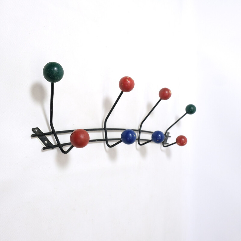 Large multicolored vintage coat rack in wood and metal 1960