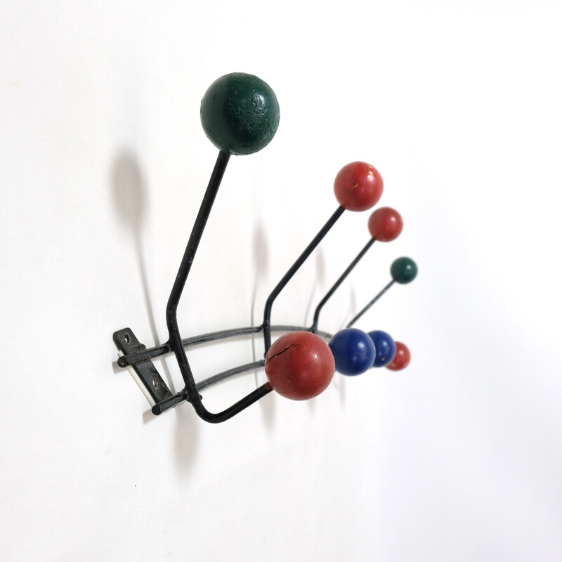 Large multicolored vintage coat rack in wood and metal 1960