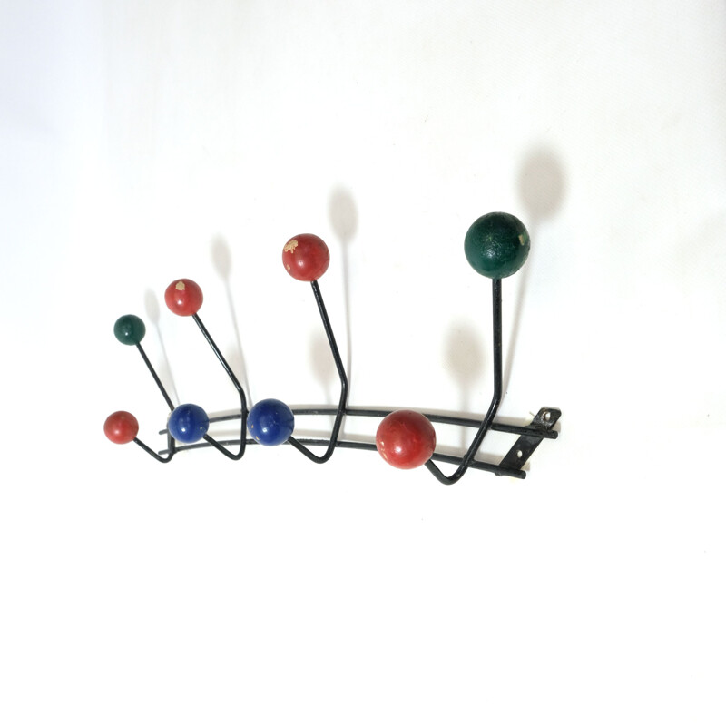 Large multicolored vintage coat rack in wood and metal 1960