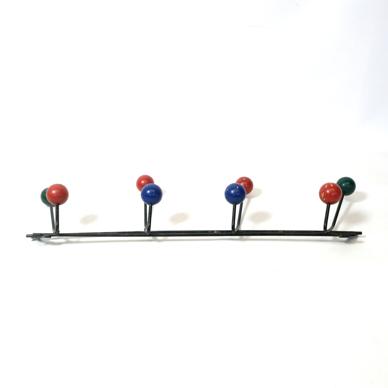 Large multicolored vintage coat rack in wood and metal 1960