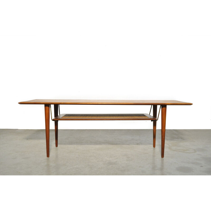 Vintage teak coffee table with cane shelf by Peter Hvidt & Orla Mølgaard Nielsen for France & Daverkosen, Denmark 1956