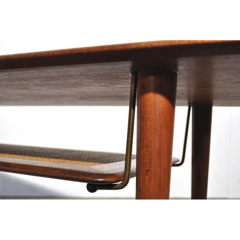 Vintage teak coffee table with cane shelf by Peter Hvidt & Orla Mølgaard Nielsen for France & Daverkosen, Denmark 1956