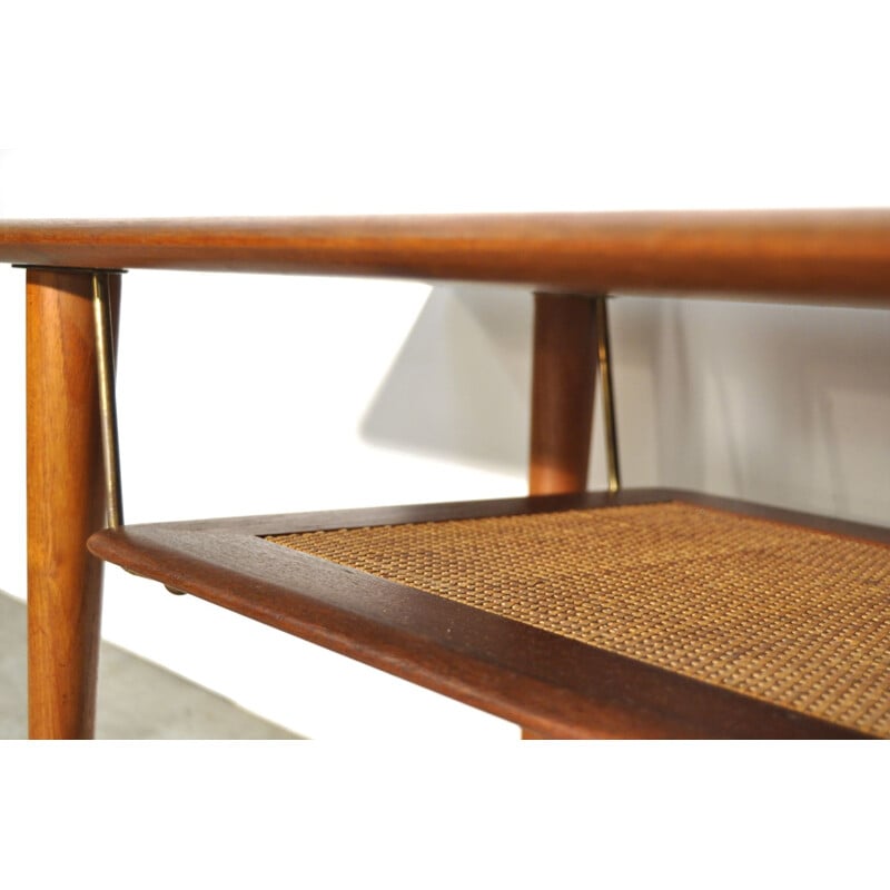 Vintage teak coffee table with cane shelf by Peter Hvidt & Orla Mølgaard Nielsen for France & Daverkosen, Denmark 1956