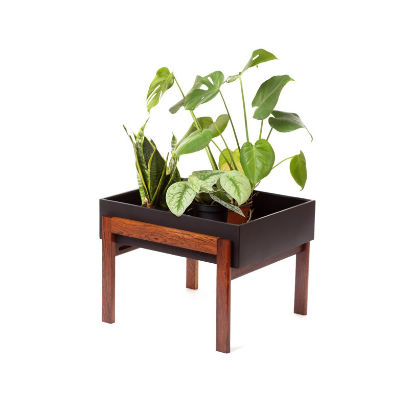 Mid century minimalistic rosewood and black metal planter, Danish 1960