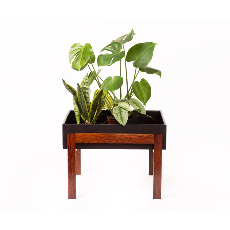 Mid century minimalistic rosewood and black metal planter, Danish 1960