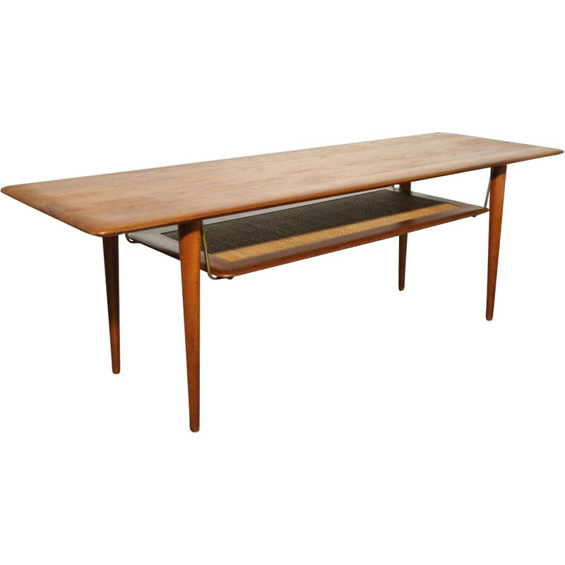 Vintage teak coffee table with cane shelf by Peter Hvidt & Orla Mølgaard Nielsen for France & Daverkosen, Denmark 1956