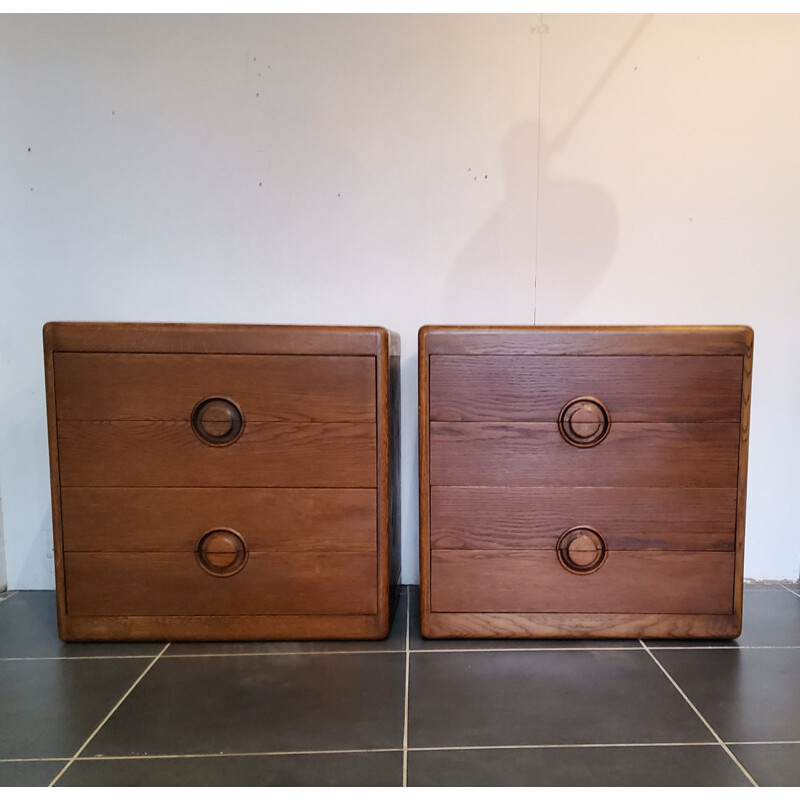 Pair of brutalist vintage wooden bedside tables 4 drawers