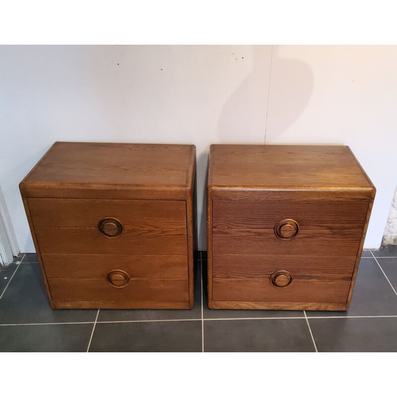 Pair of brutalist vintage wooden bedside tables 4 drawers