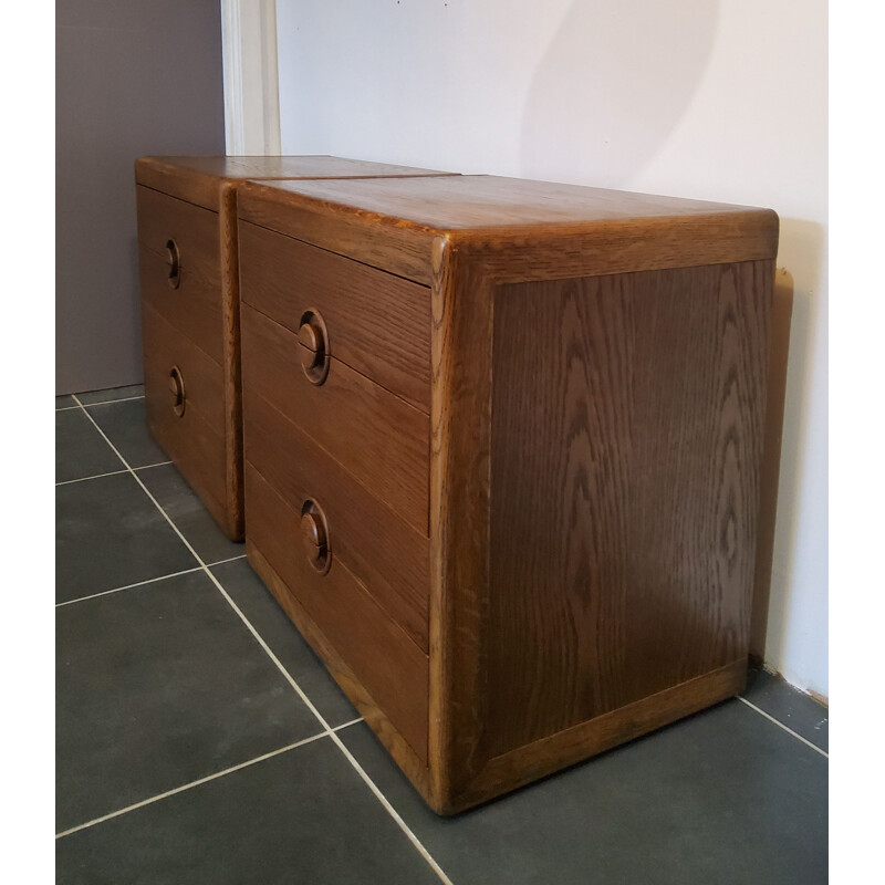 Pair of brutalist vintage wooden bedside tables 4 drawers