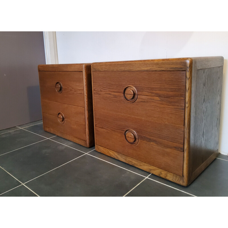 Pair of brutalist vintage wooden bedside tables 4 drawers