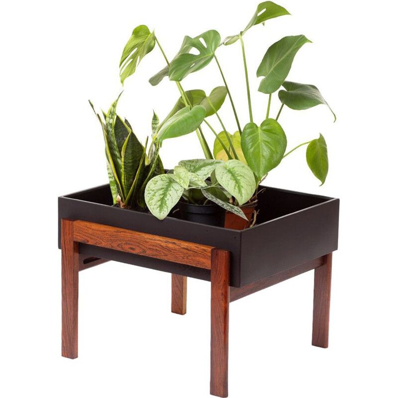 Mid century minimalistic rosewood and black metal planter, Danish 1960