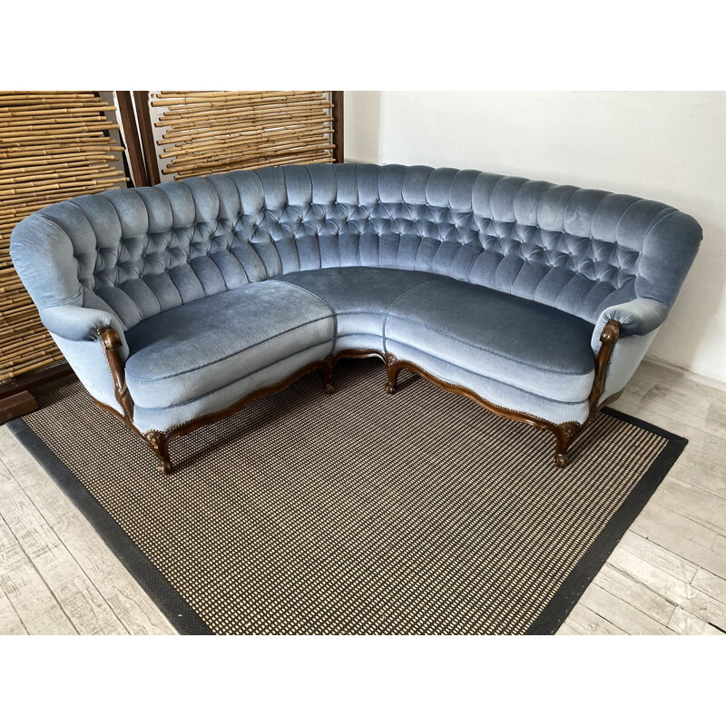 Mid Century Sofa, Couch, Chippendale blue Fabric Cover, Germany, 1950