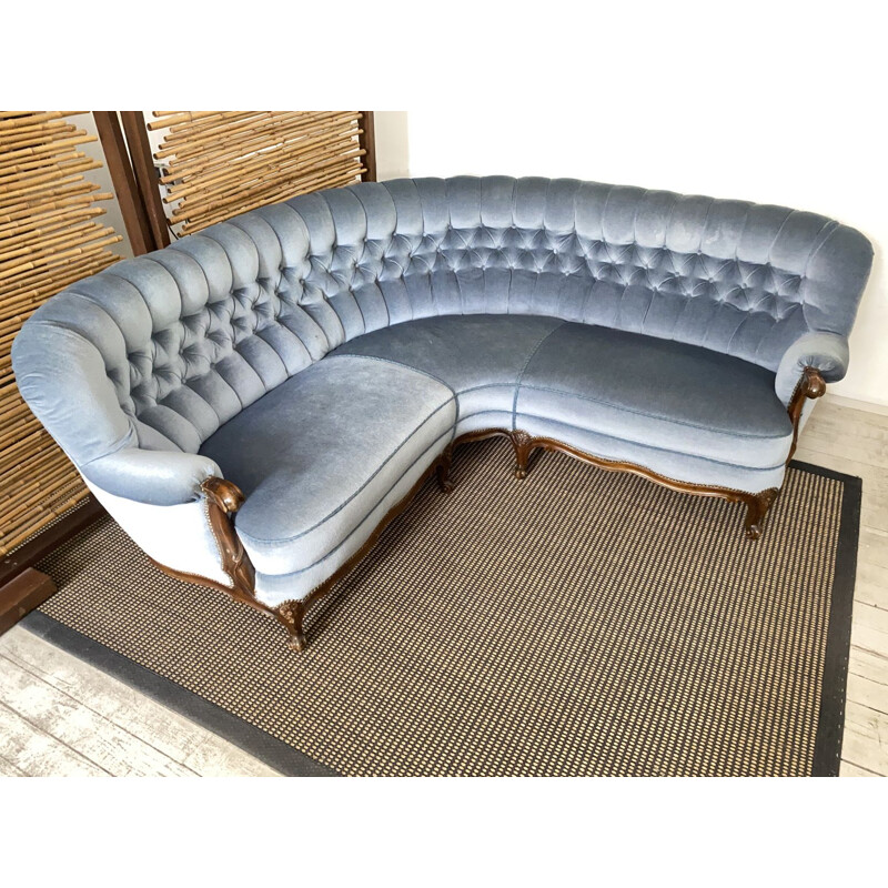 Mid Century Sofa, Couch, Chippendale blue Fabric Cover, Germany, 1950