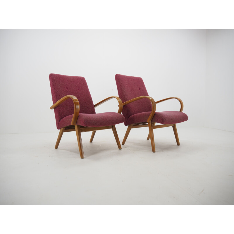 Pair of vintage wood and fabric armchairs by Jindrich Halabala, Czechoslovakia 1960