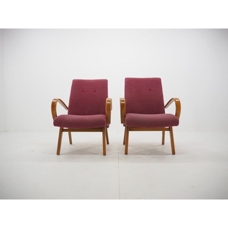 Pair of vintage wood and fabric armchairs by Jindrich Halabala, Czechoslovakia 1960