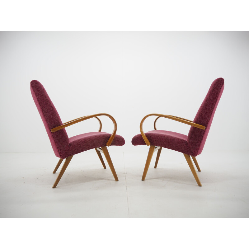 Pair of vintage wood and fabric armchairs by Jindrich Halabala, Czechoslovakia 1960