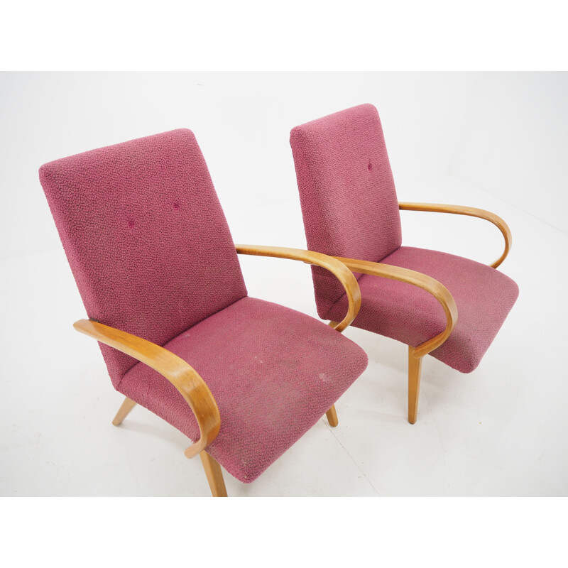 Pair of vintage wood and fabric armchairs by Jindrich Halabala, Czechoslovakia 1960