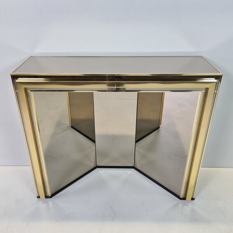 Vintage Gold-plated & smoked mirrored glass console table by Belgo Chrom, 1980s