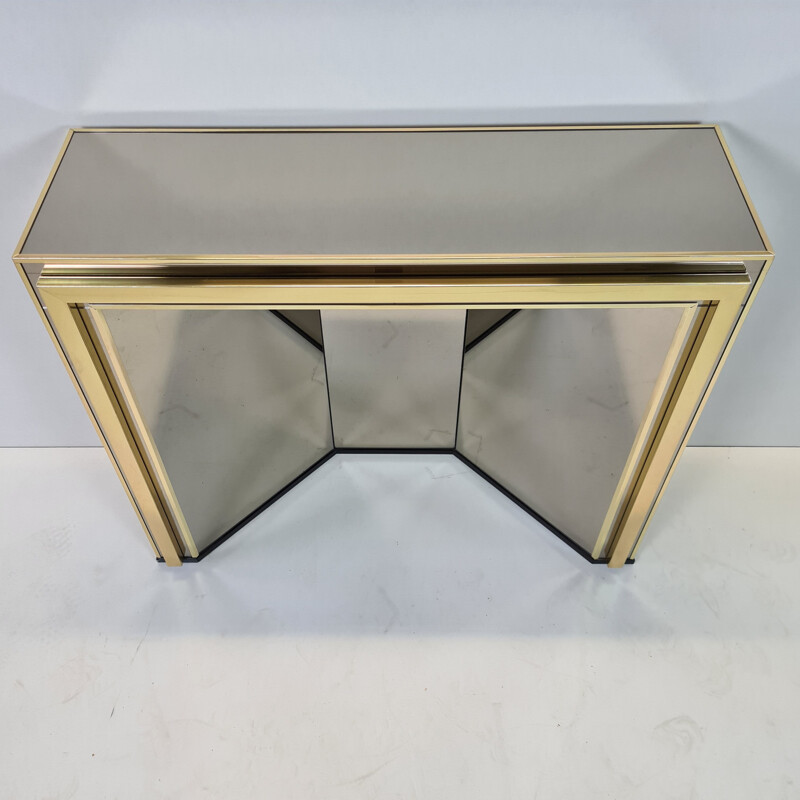 Table console vintage en verre fumé et plaqué or par Belgo Chrom, 1980