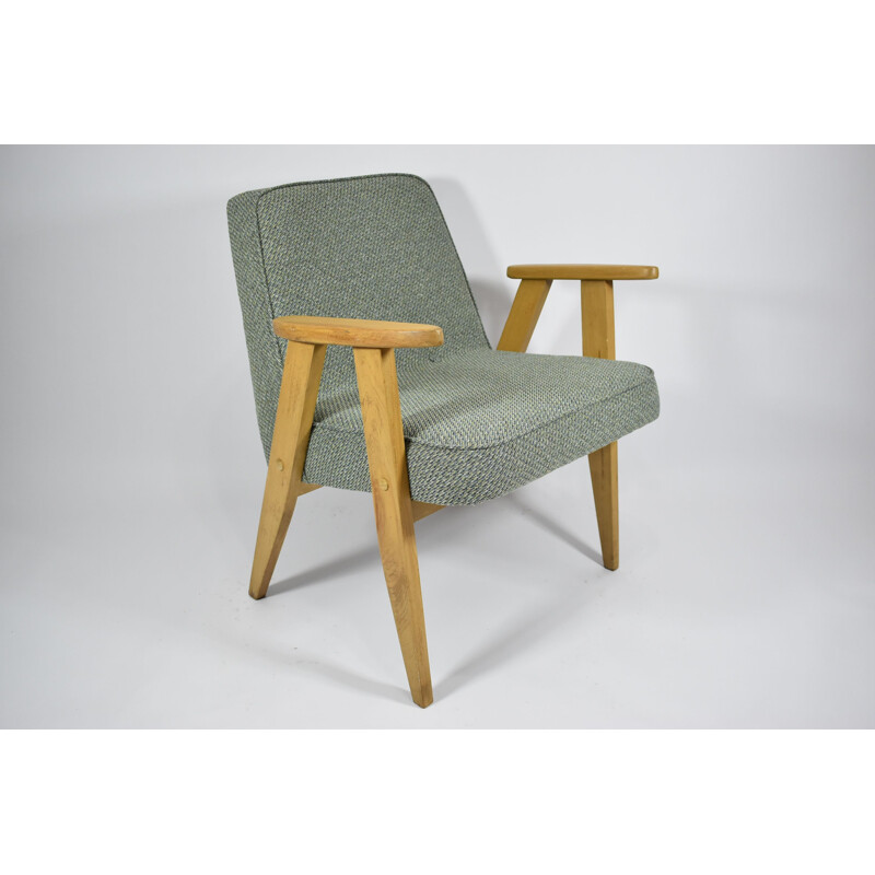 Klassieke vintage fauteuil in groene stof, eikenhout 1960