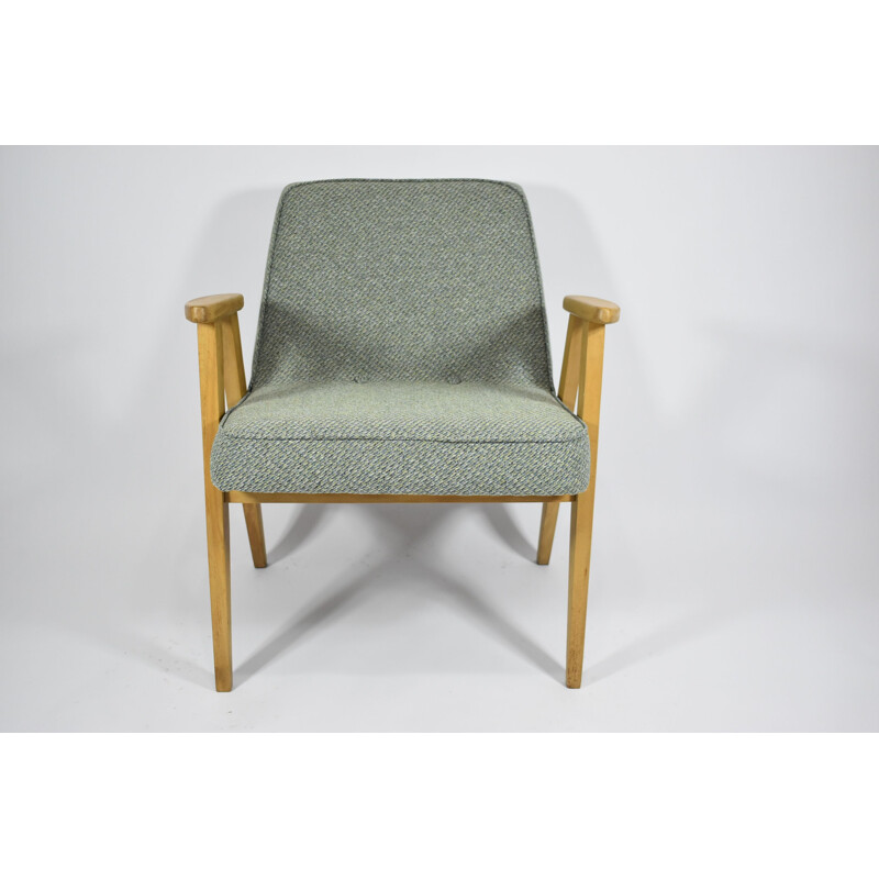 Klassieke vintage fauteuil in groene stof, eikenhout 1960
