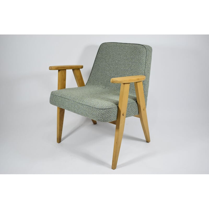 Klassieke vintage fauteuil in groene stof, eikenhout 1960
