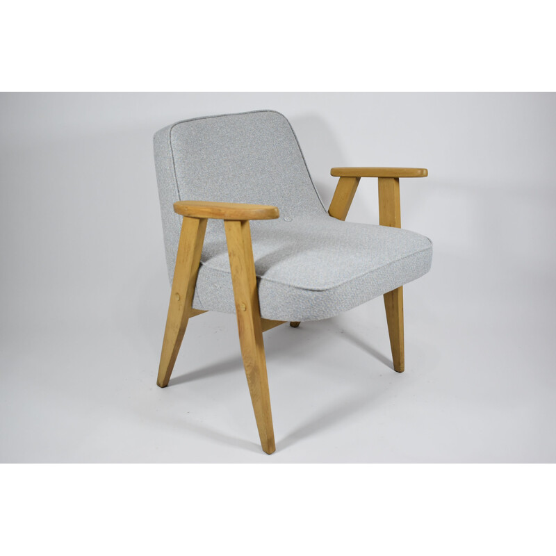 Klassiek gepolijste vintage fauteuil, J. Chierowski, blauw eiken 1960