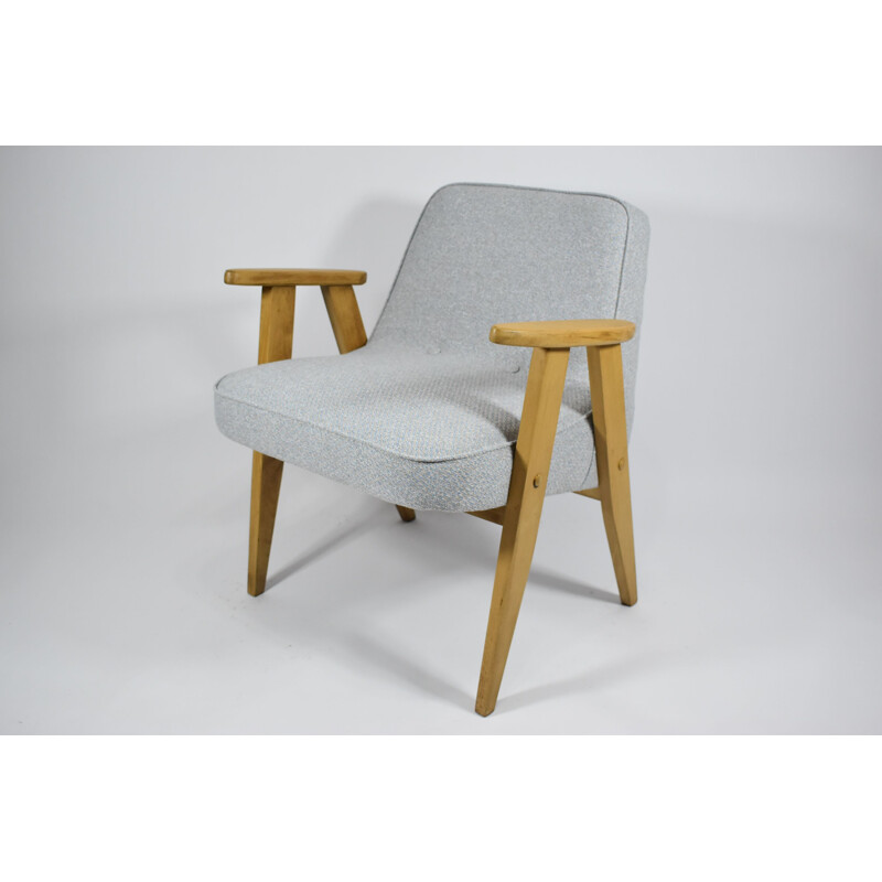 Klassiek gepolijste vintage fauteuil, J. Chierowski, blauw eiken 1960