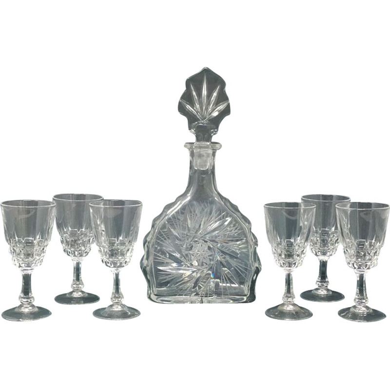 Mid Century Crystal Decanter with 6 Crystal Glasses Italian 1950