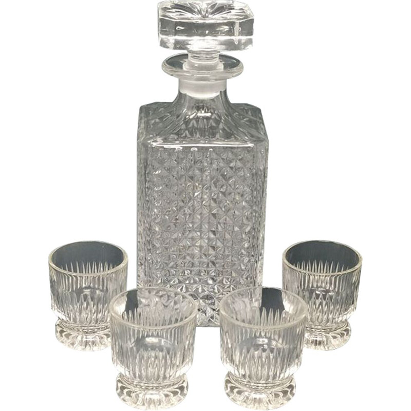 Carafe vintage en cristal avec 4 verres italien 1950