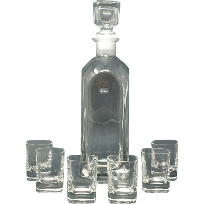 Vintage Italian Crystal Decanter with 6 Crystal Glasses Luigi Bormioli 1970