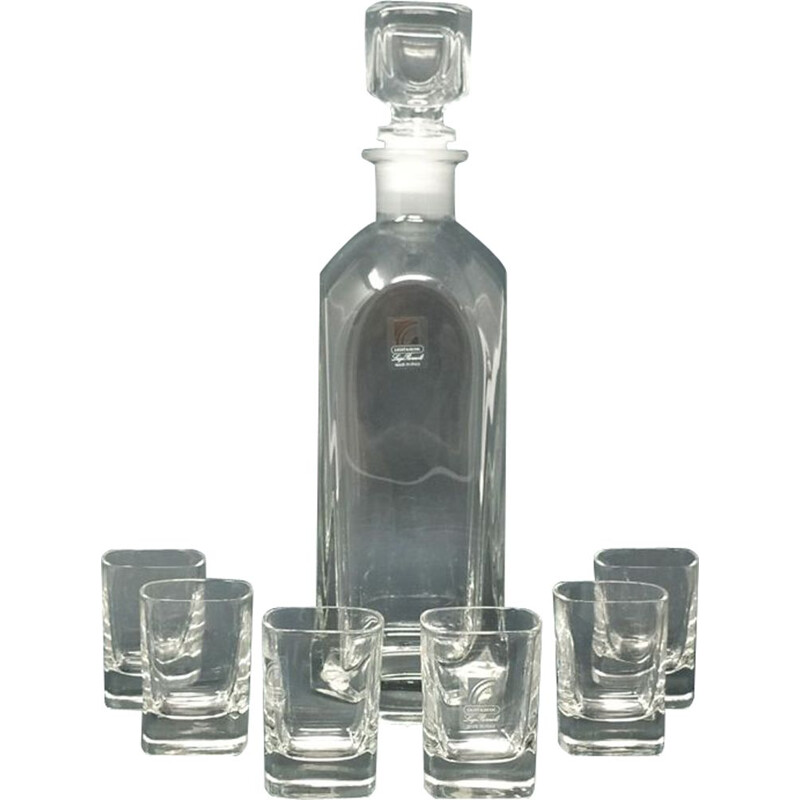 Decanter de cristal italiano Vintage com 6 copos de cristal Luigi Bormioli 1970