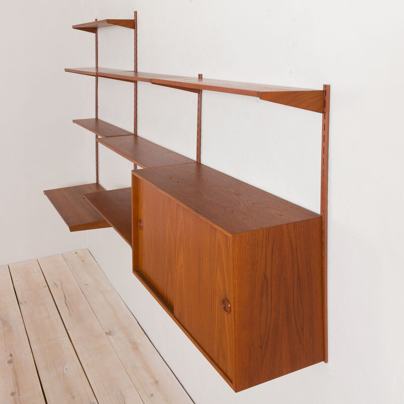 Vintage teak wall unit with large desk shelf and files cabinet Kai Kristiansen 1960