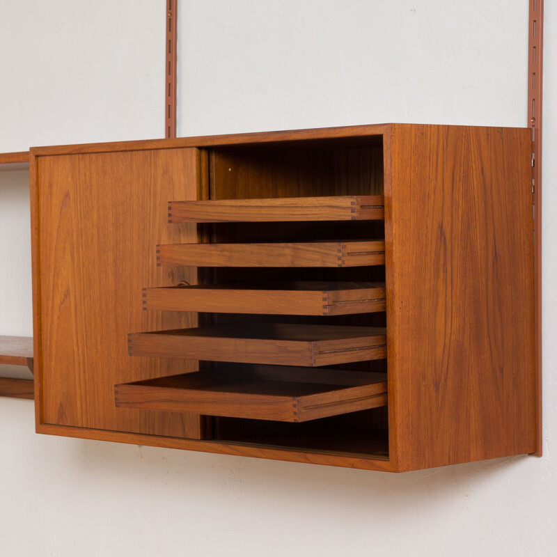 Vintage teak wall unit with large desk shelf and files cabinet Kai Kristiansen 1960