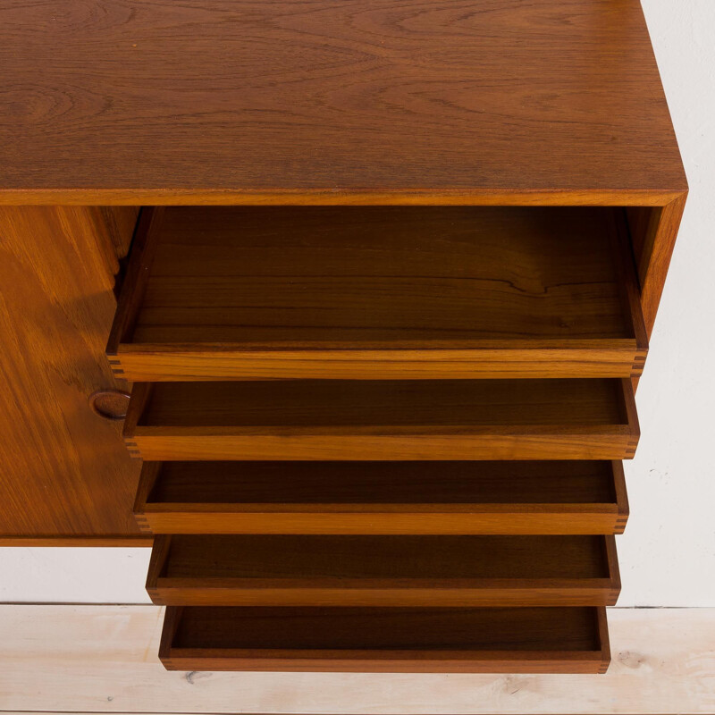 Vintage teak wall unit with large desk shelf and files cabinet Kai Kristiansen 1960