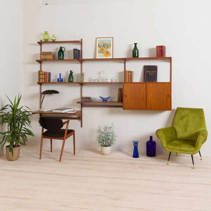 Vintage teak wall unit with large desk shelf and files cabinet Kai Kristiansen 1960